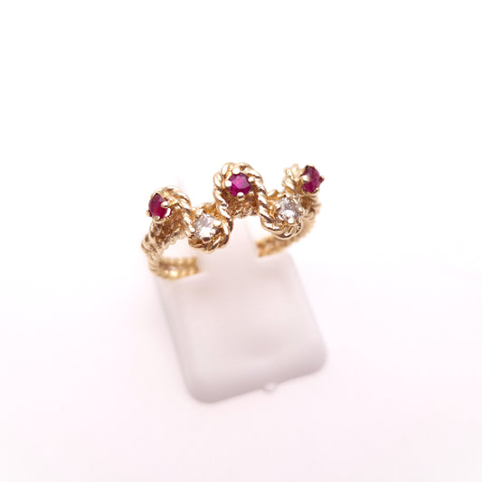 9ct Yellow Gold Rope Effect Ruby and Diamond Multi-Stone Unusual Ring