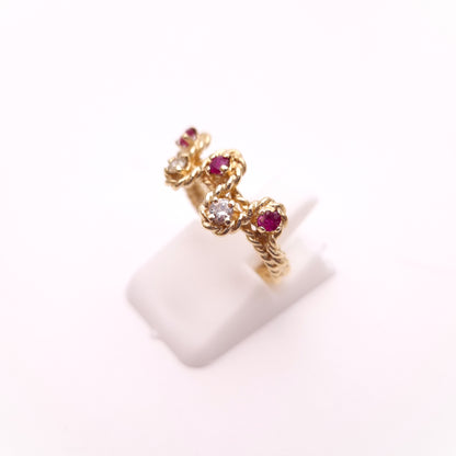 9ct Yellow Gold Rope Effect Ruby and Diamond Multi-Stone Unusual Ring