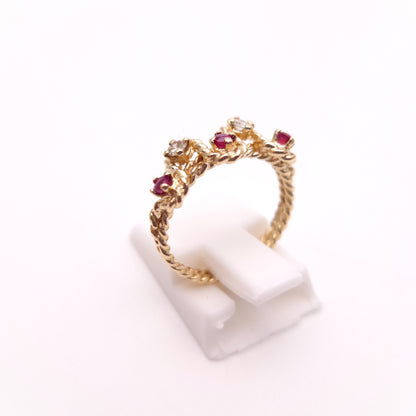 9ct Yellow Gold Rope Effect Ruby and Diamond Multi-Stone Unusual Ring