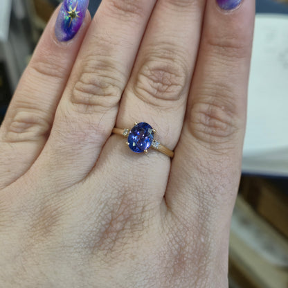 18ct Yellow Gold Oval Cut Tanzanite and Diamond Trilogy Ring