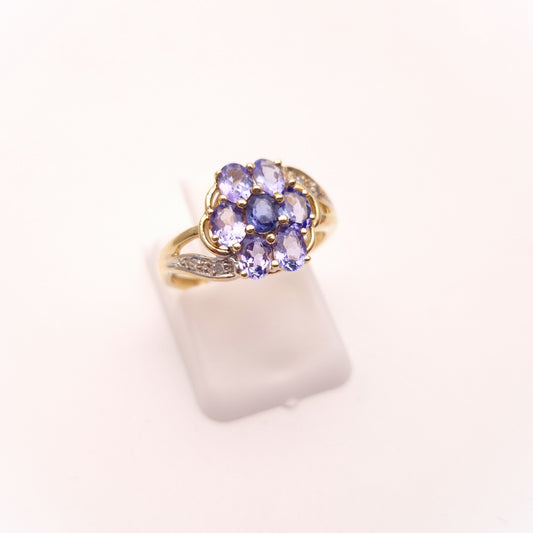 9ct Yellow Gold Multi-Stone Tanzanite and Diamond Flower Cluster Ring
