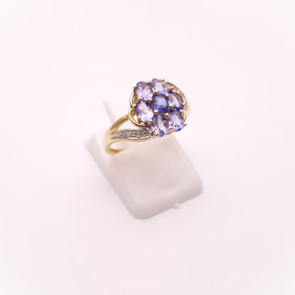 9ct Yellow Gold Multi-Stone Tanzanite and Diamond Flower Cluster Ring
