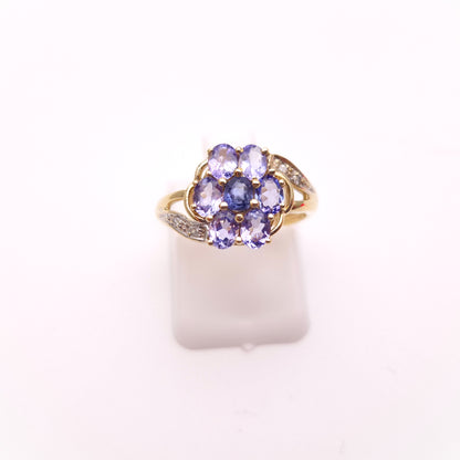 9ct Yellow Gold Multi-Stone Tanzanite and Diamond Flower Cluster Ring