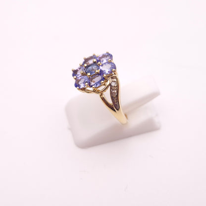 9ct Yellow Gold Multi-Stone Tanzanite and Diamond Flower Cluster Ring
