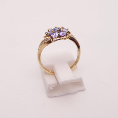 9ct Yellow Gold Multi-Stone Tanzanite and Diamond Flower Cluster Ring