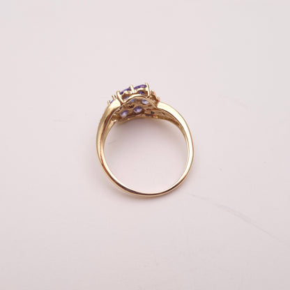 9ct Yellow Gold Multi-Stone Tanzanite and Diamond Flower Cluster Ring
