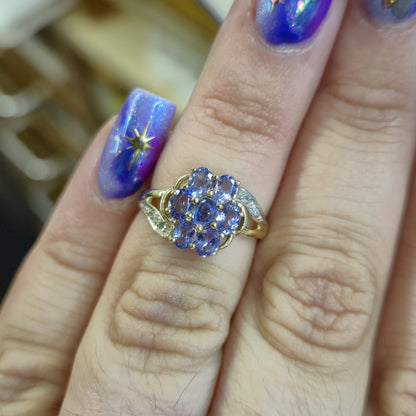 9ct Yellow Gold Multi-Stone Tanzanite and Diamond Flower Cluster Ring