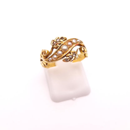 18ct Yellow Gold Antique Chester 1907 Pearl and Diamond Floral Ring
