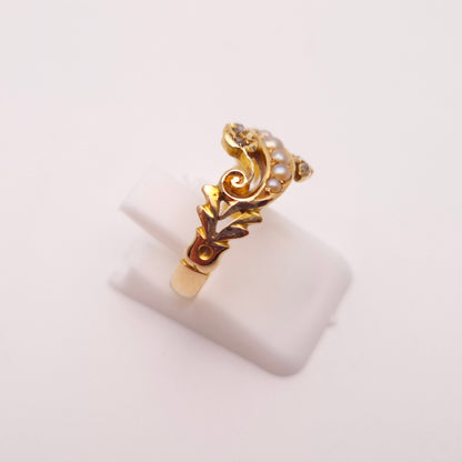 18ct Yellow Gold Antique Chester 1907 Pearl and Diamond Floral Ring