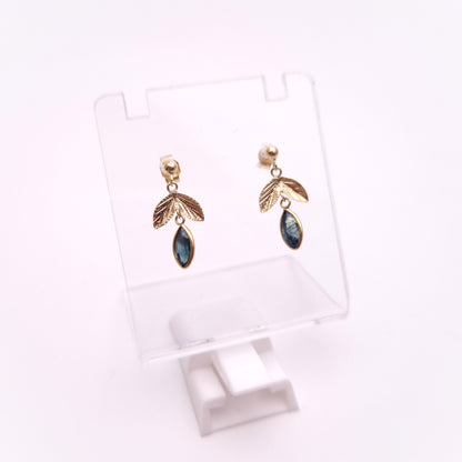 9ct Yellow Gold Marquise Sapphire Leaf Foliate Drop Earrings