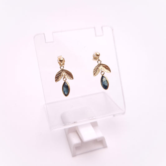 9ct Yellow Gold Marquise Sapphire Leaf Foliate Drop Earrings