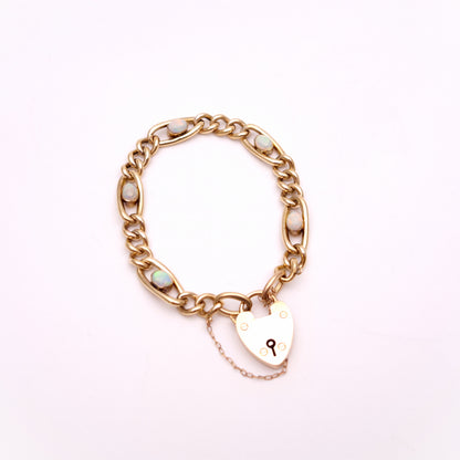 9ct Rose Gold Antique Opal Set Heart Padlock Bracelet Birmingham 1901