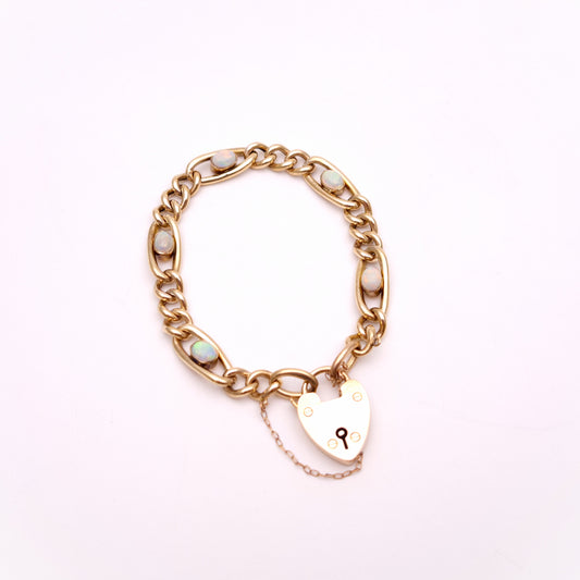 9ct Rose Gold Antique Opal Set Heart Padlock Bracelet Birmingham 1901