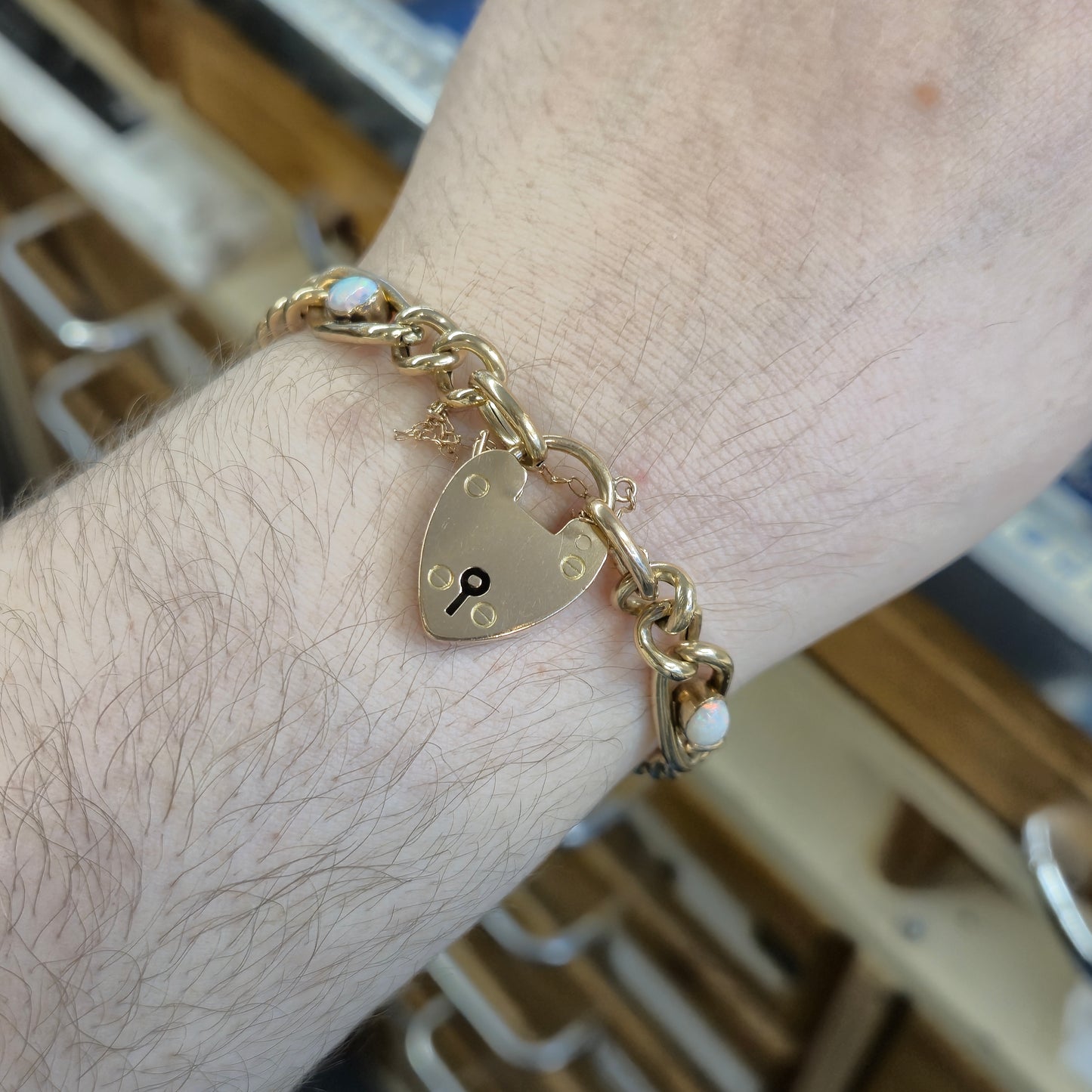9ct Rose Gold Antique Opal Set Heart Padlock Bracelet Birmingham 1901