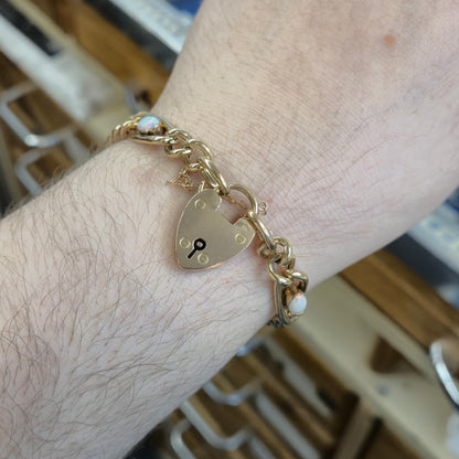 9ct Rose Gold Antique Opal Set Heart Padlock Bracelet Birmingham 1901