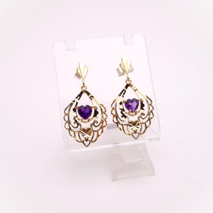 9ct Yellow Gold Openwork Filigree Amethyst Heart Drop Earrings