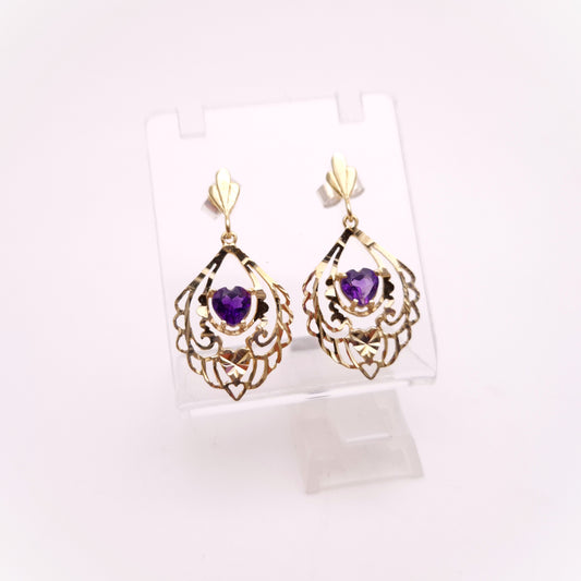 9ct Yellow Gold Openwork Filigree Amethyst Heart Drop Earrings