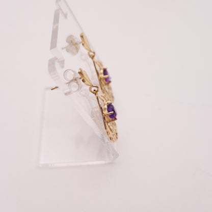 9ct Yellow Gold Openwork Filigree Amethyst Heart Drop Earrings