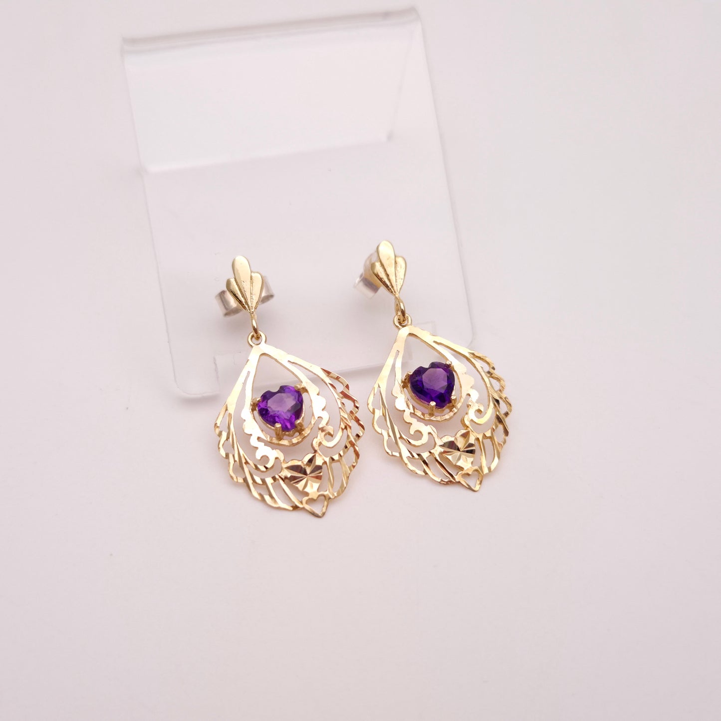 9ct Yellow Gold Openwork Filigree Amethyst Heart Drop Earrings