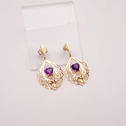 9ct Yellow Gold Openwork Filigree Amethyst Heart Drop Earrings