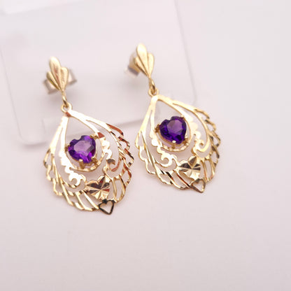 9ct Yellow Gold Openwork Filigree Amethyst Heart Drop Earrings