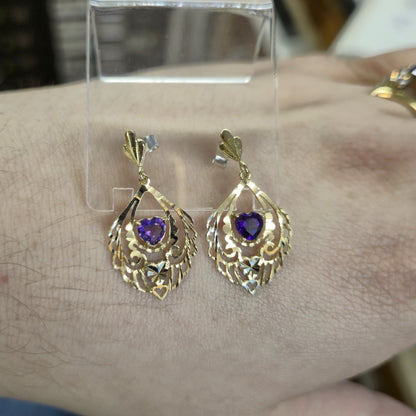 9ct Yellow Gold Openwork Filigree Amethyst Heart Drop Earrings