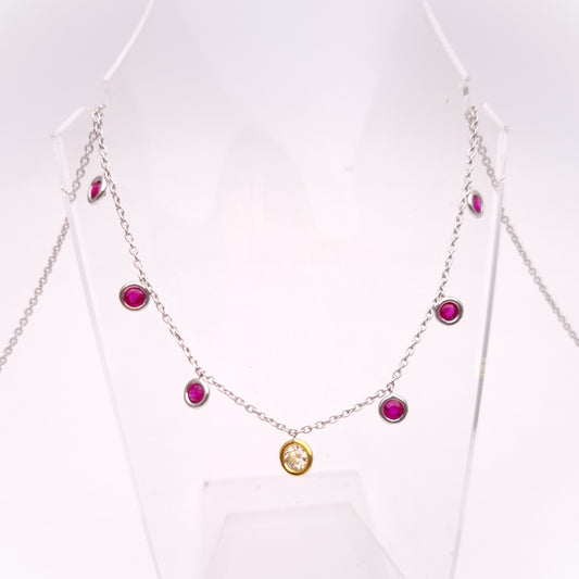 18ct White Gold and Yellow Gold Multi-Gem Ruby and Diamond Dropper Necklace