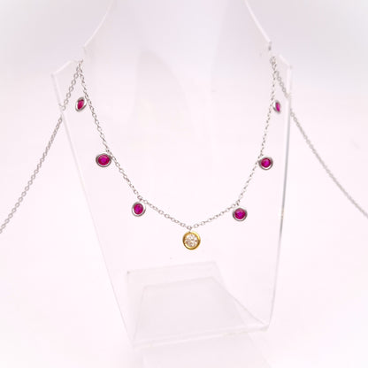 18ct White Gold and Yellow Gold Multi-Gem Ruby and Diamond Dropper Necklace