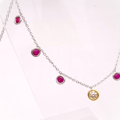 18ct White Gold and Yellow Gold Multi-Gem Ruby and Diamond Dropper Necklace