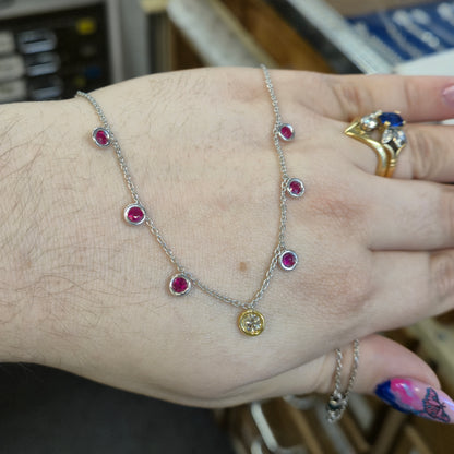 18ct White Gold and Yellow Gold Multi-Gem Ruby and Diamond Dropper Necklace
