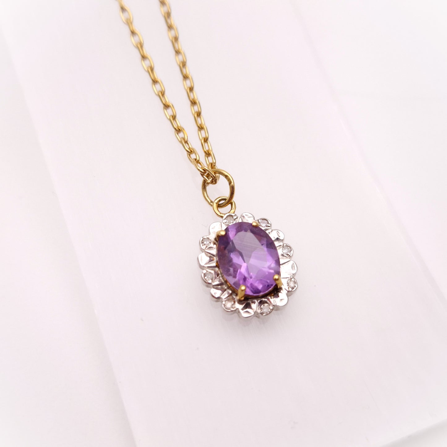 9ct Yellow Gold Vintage Amethyst and Illusion Set Diamond Necklace