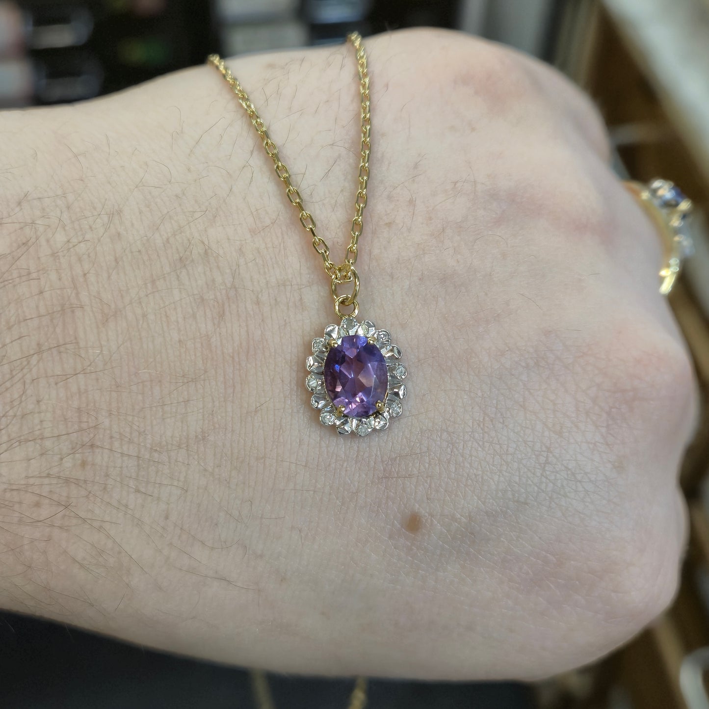 9ct Yellow Gold Vintage Amethyst and Illusion Set Diamond Necklace