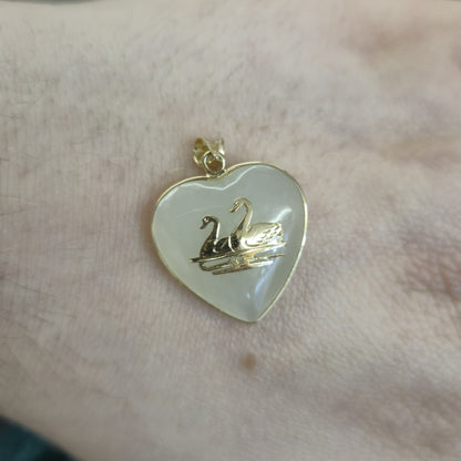 14ct Yellow Gold Pale Green Jade Double Swan Motif Pendant