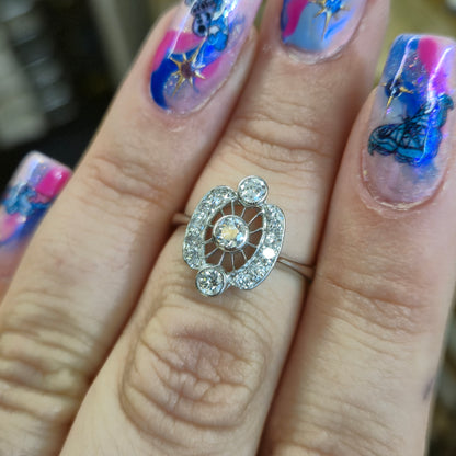 14ct White Gold Art Deco Vintage Style Openwork Multi-stone Diamond Ring