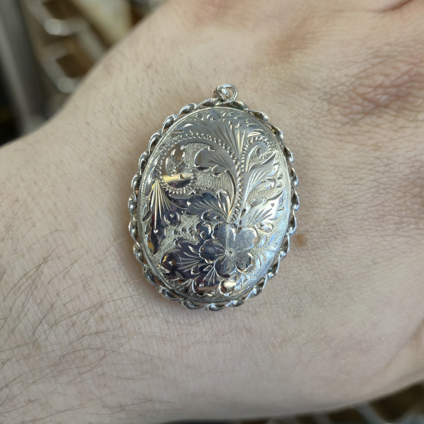 Sterling Silver Vintage Large Engraved Floral Patterned Oval Locket