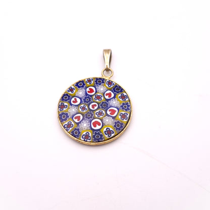 Gold Coloured Millefiori Heart Red, White , Blue, and Yellow Round Pendant