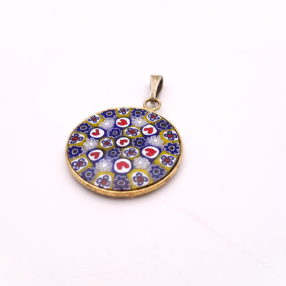 Gold Coloured Millefiori Heart Red, White , Blue, and Yellow Round Pendant