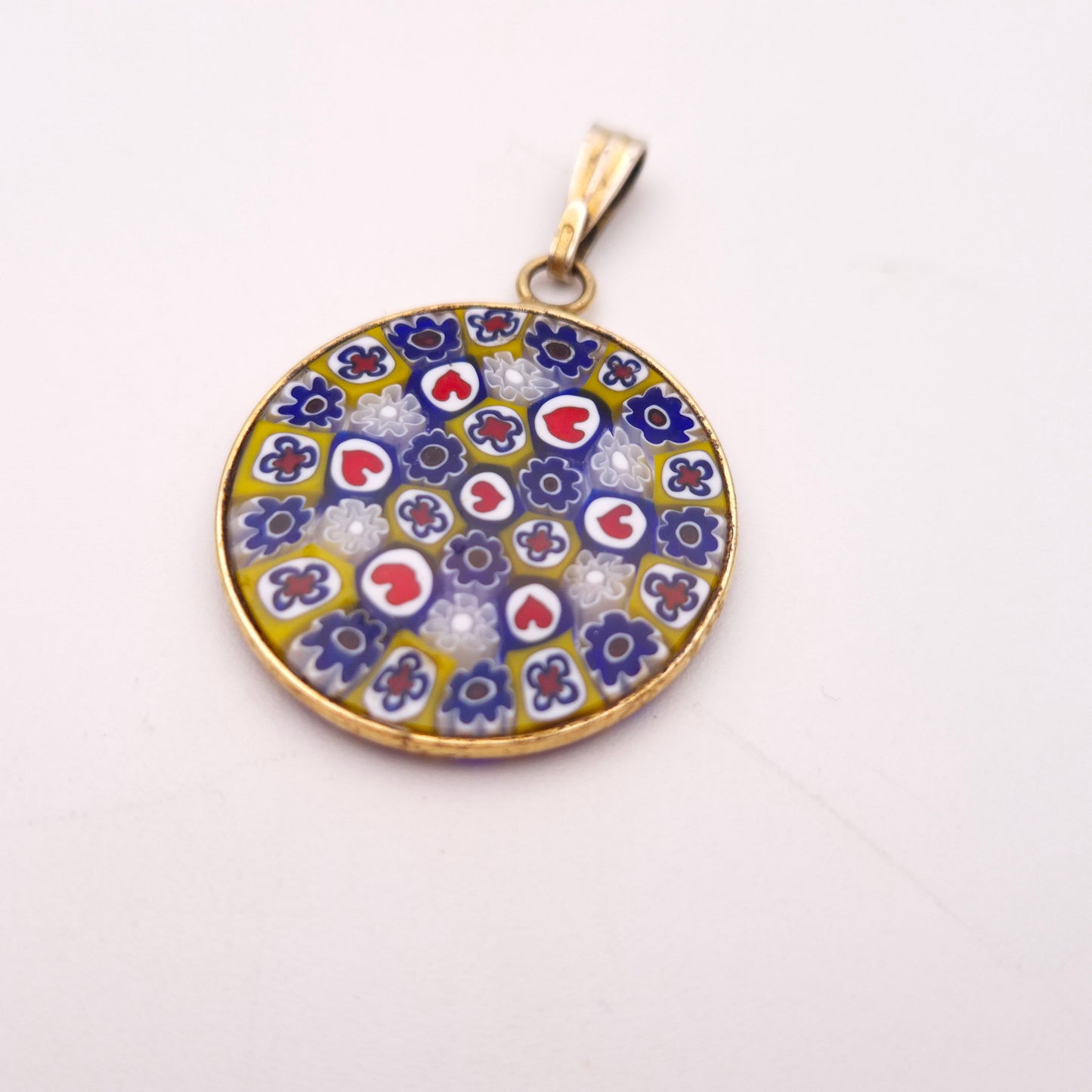 Gold Coloured Millefiori Heart Red, White , Blue, and Yellow Round Pendant