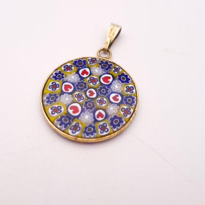 Gold Coloured Millefiori Heart Red, White , Blue, and Yellow Round Pendant