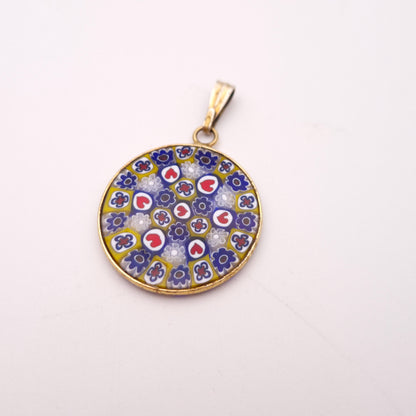 Gold Coloured Millefiori Heart Red, White , Blue, and Yellow Round Pendant