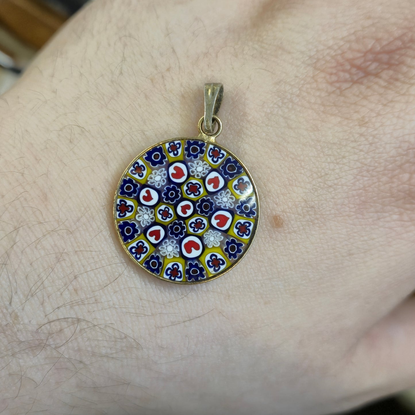 Gold Coloured Millefiori Heart Red, White , Blue, and Yellow Round Pendant
