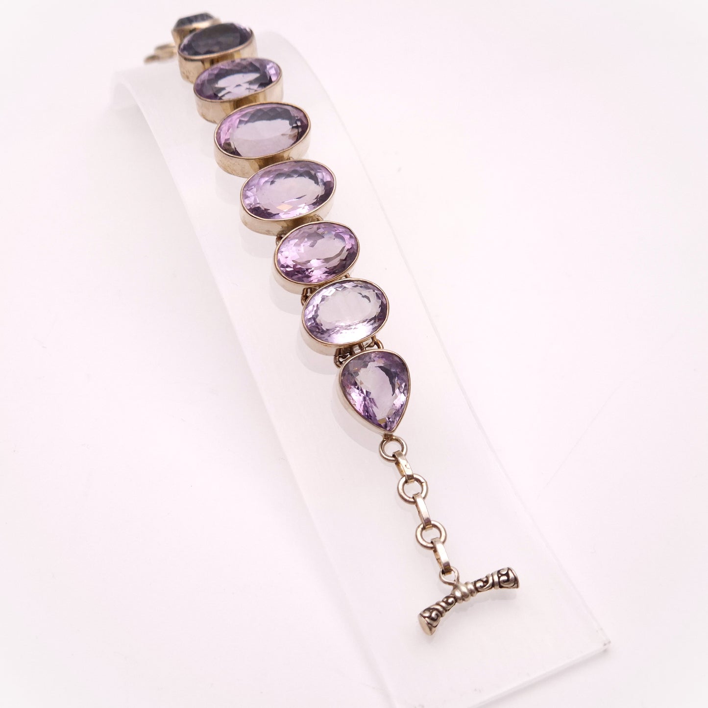 Sterling Silver Large Chunky Graduated Oval Cut Amethyst T-bar Bracelet