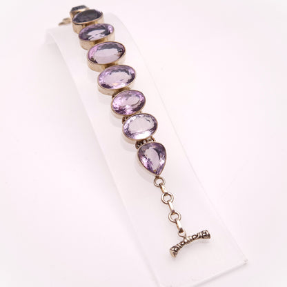 Sterling Silver Large Chunky Graduated Oval Cut Amethyst T-bar Bracelet