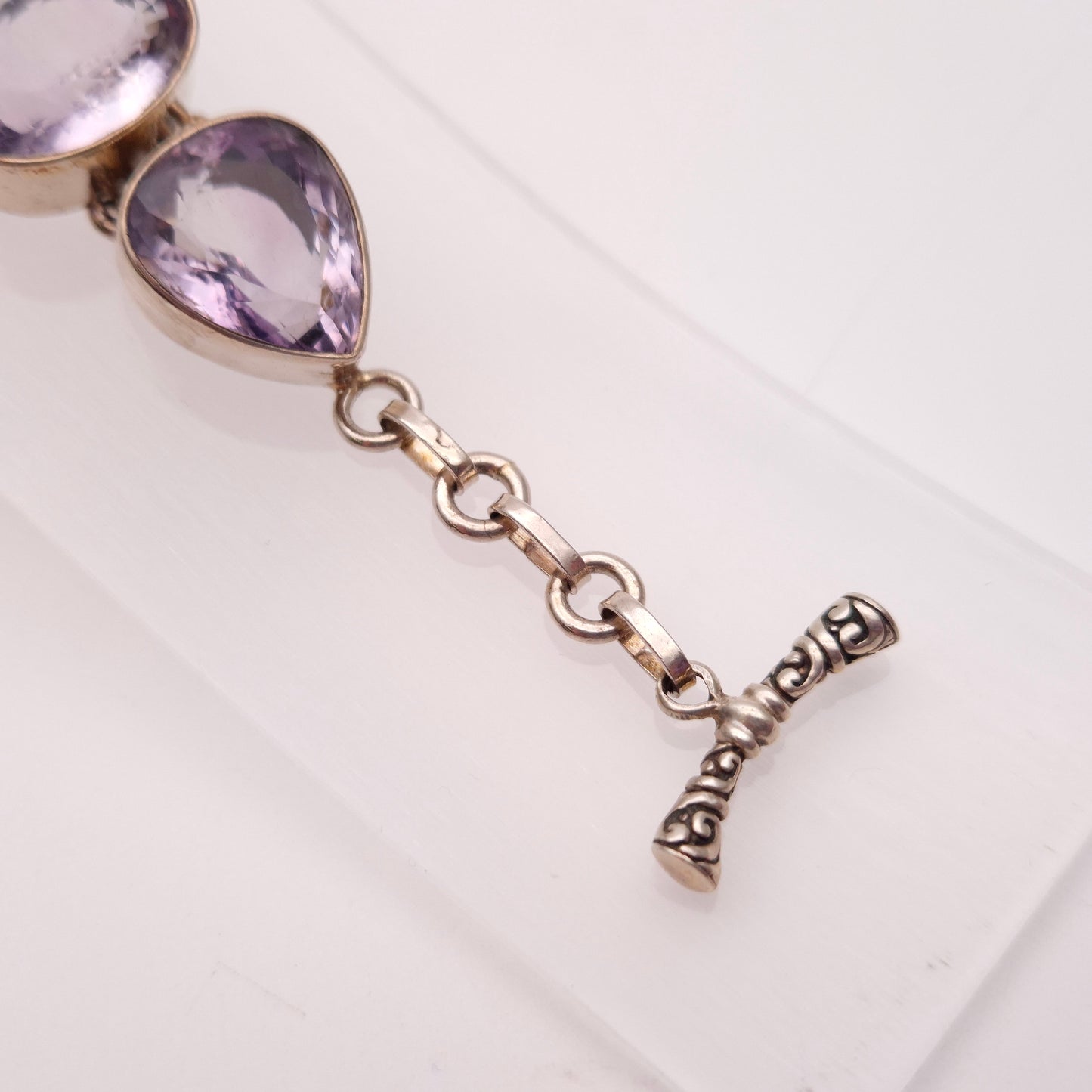 Sterling Silver Large Chunky Graduated Oval Cut Amethyst T-bar Bracelet