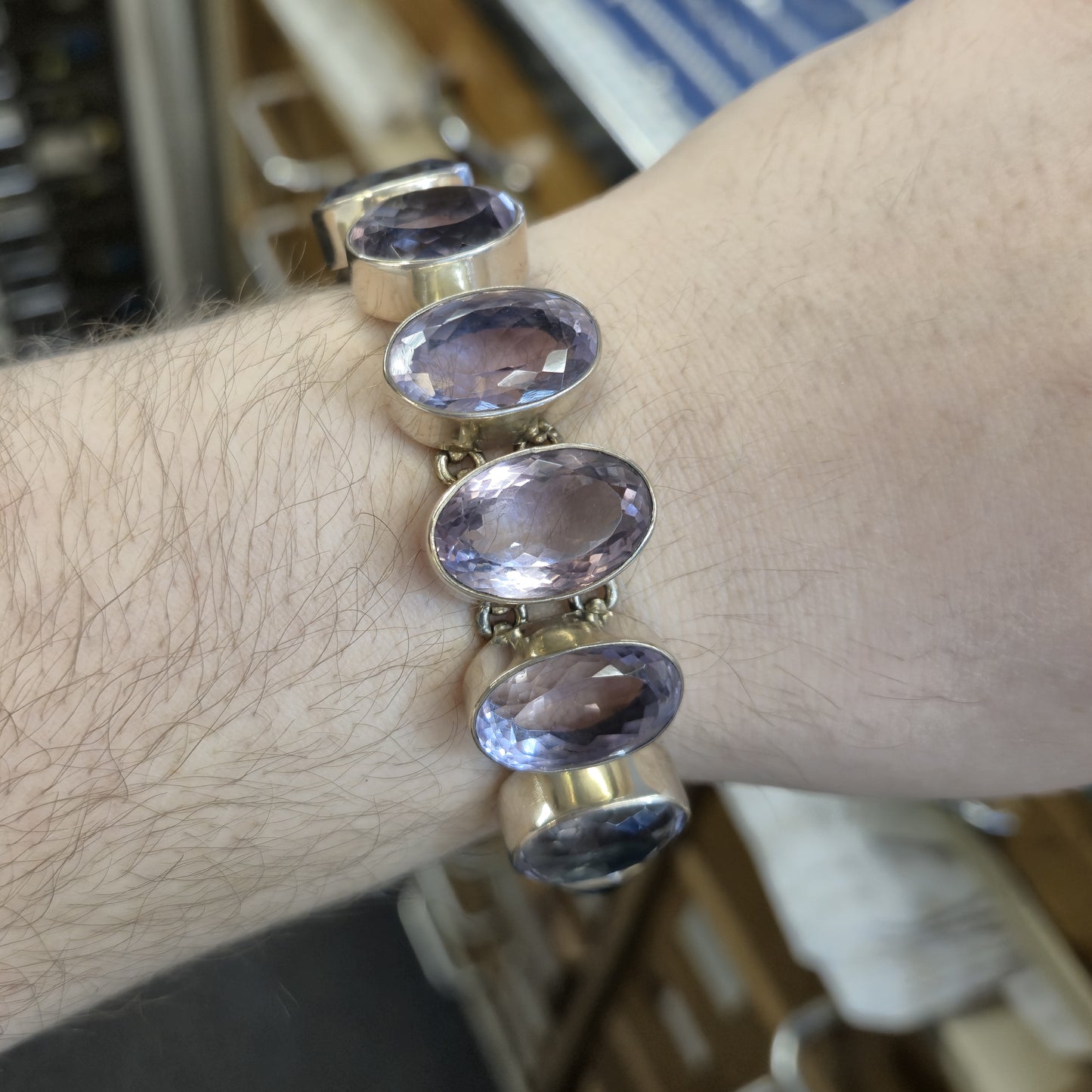 Sterling Silver Large Chunky Graduated Oval Cut Amethyst T-bar Bracelet
