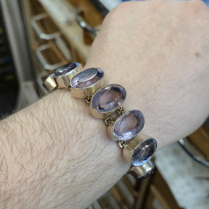 Sterling Silver Large Chunky Graduated Oval Cut Amethyst T-bar Bracelet