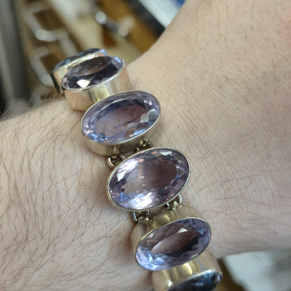 Sterling Silver Large Chunky Graduated Oval Cut Amethyst T-bar Bracelet