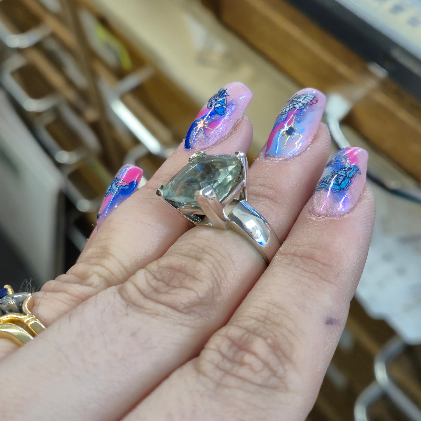 Sterling Silver Large Square Chunky Green Stone Solitaire Ring