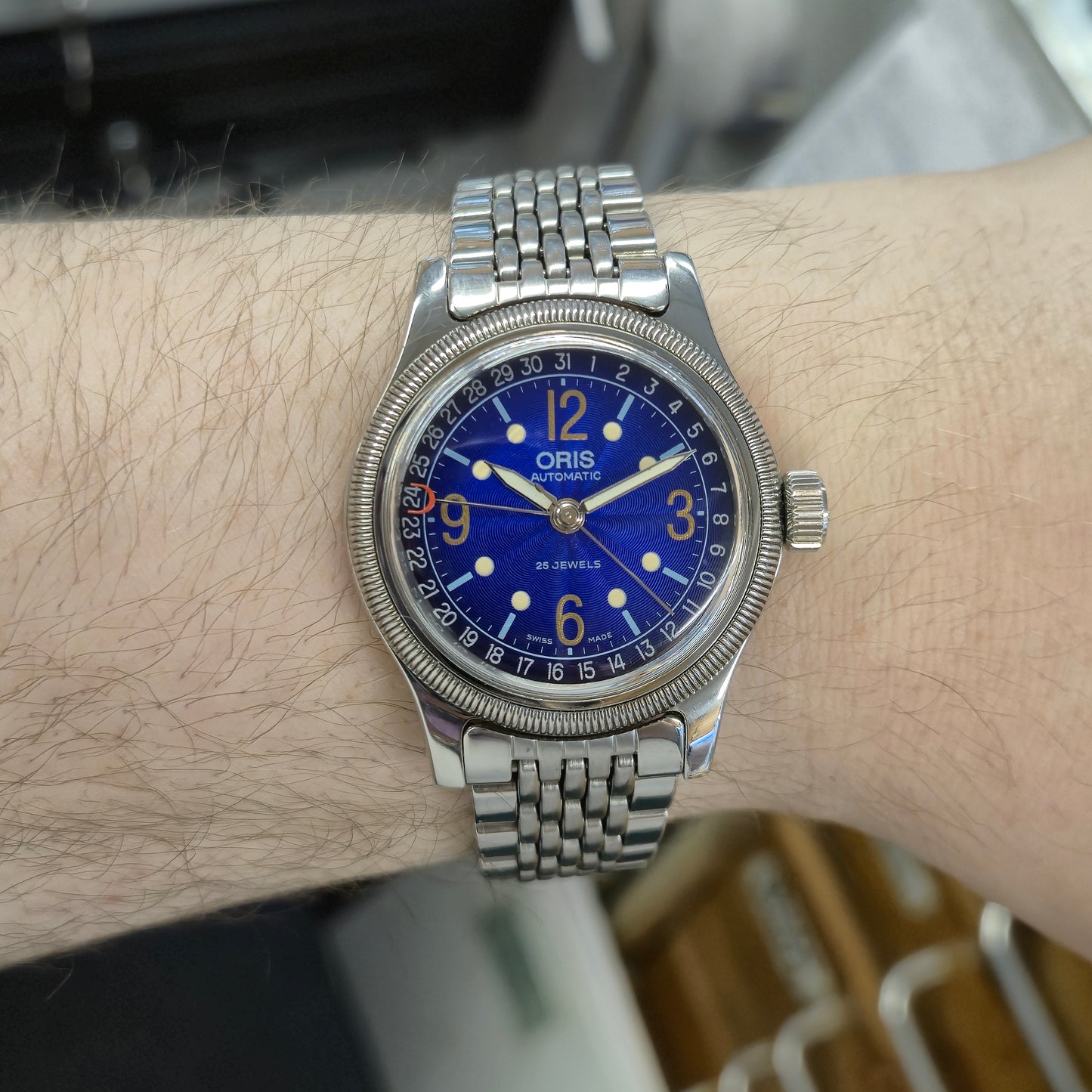 Gents Vintage Stainless Steel Blue Dial Oris Watch