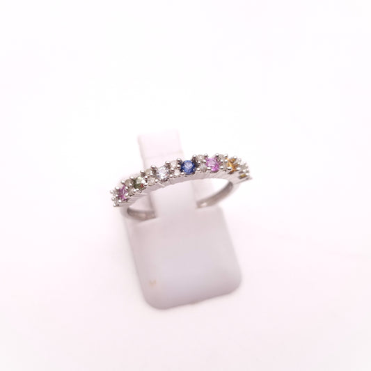 9ct White gold Multi Stone Vari-hue Rainbow Sapphire and Diamond 1/2 Eternity Row Ring